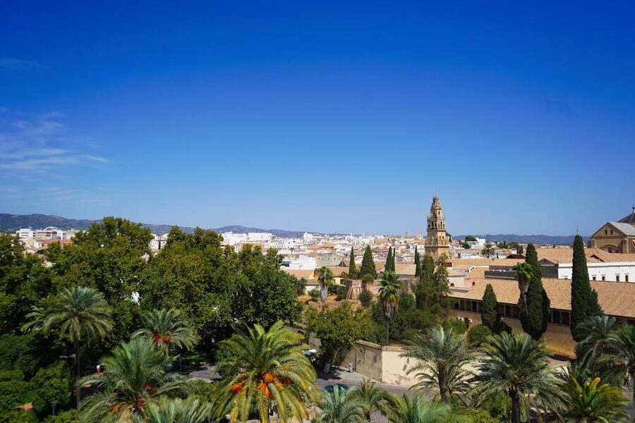 Aerial view of Cordoba Spain showing historic centre and gardens