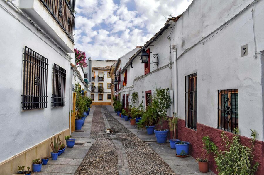 Whitewashed alleyway with potted plants in the old quarter of Cordoba Spain
