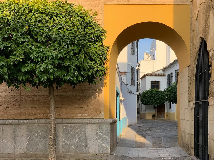 Yellow arch framing a view of an Andalusian village with traditional architecture