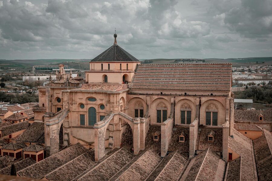 Aerial view of the Mosque-Cathedral of Cordoba showing its massive footprint