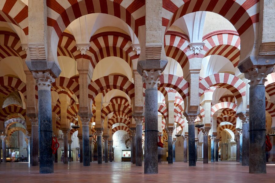 Endless perspective of columns inside the Cordoba Mosque-Cathedral