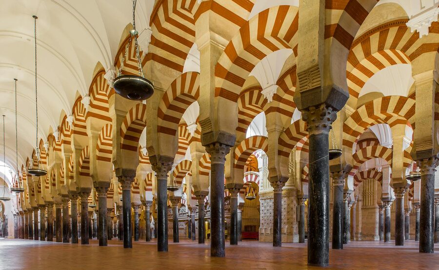 Islamic architectural details inside the Mosque of Cordoba showing horseshoe arches