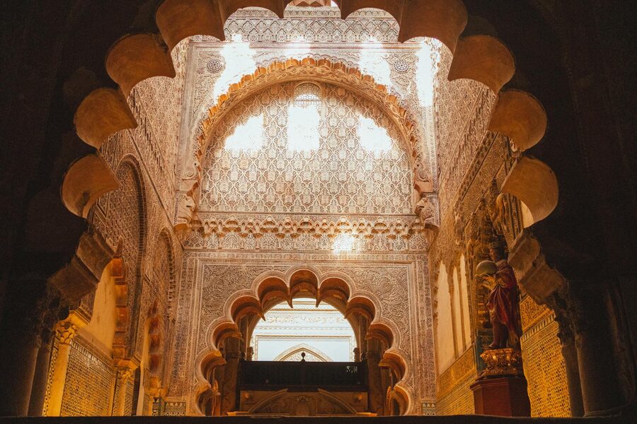 Intricate Moorish patterns and arches inside the Cordoba Mezquita
