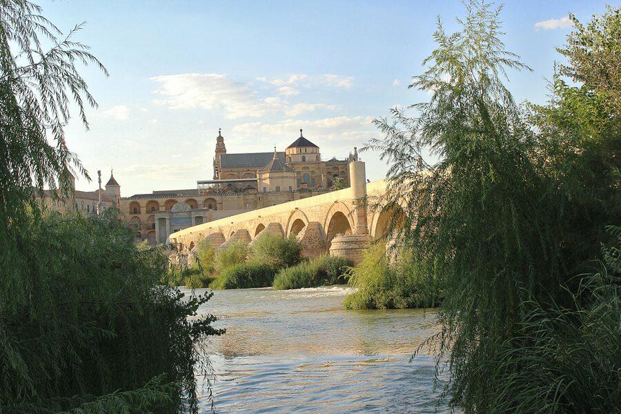 Roman Bridge and Mezquita reflected in the Guadalquivir River in Cordoba Spain