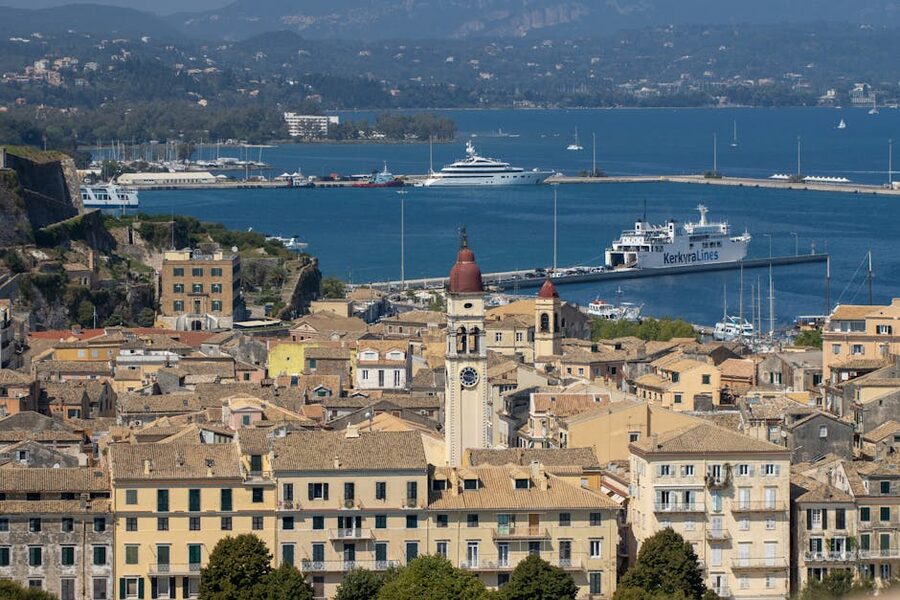 Corfu Town aerial harbor