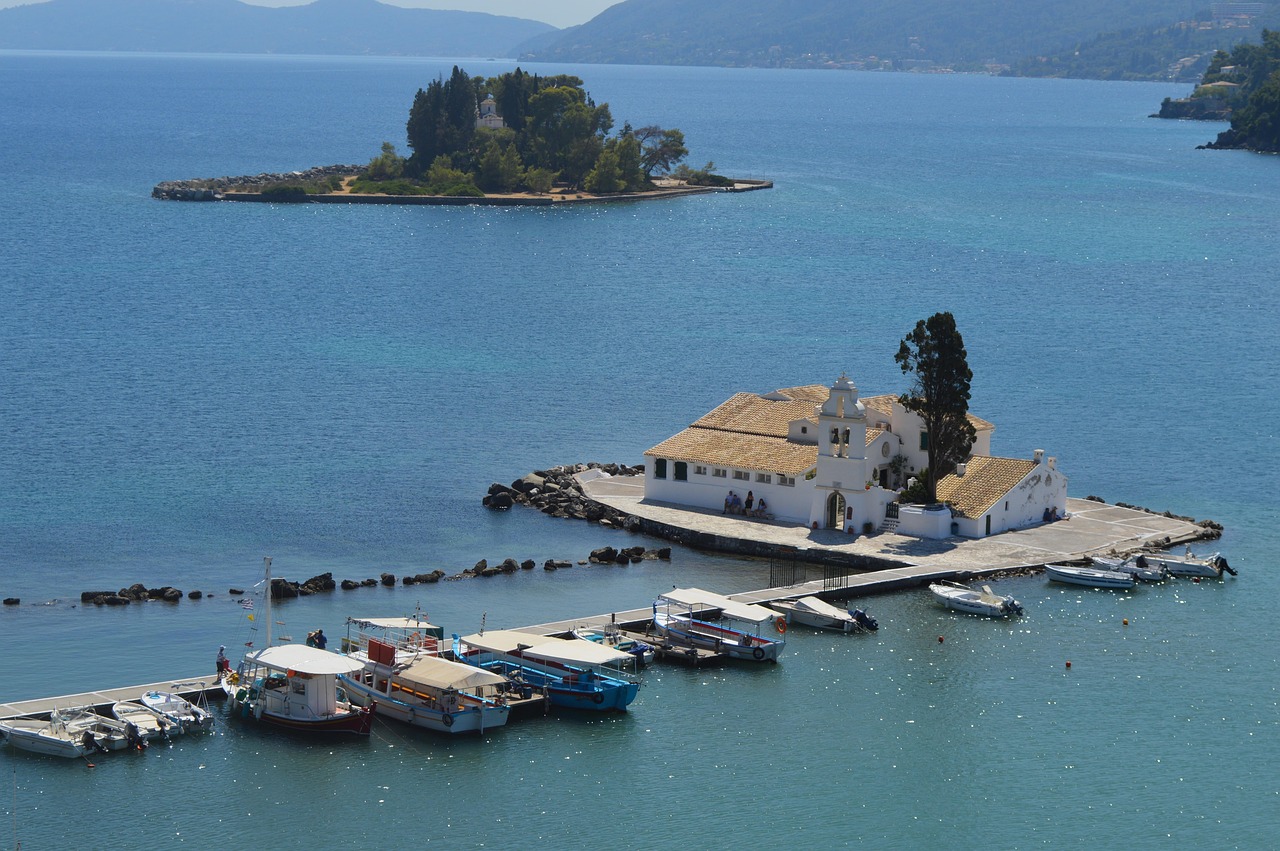 Mouse Island Pontikonisi near Corfu Town seen from the shoreline