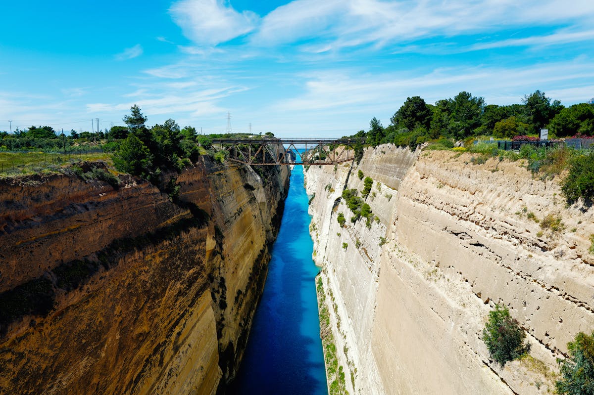 Aerial view of the Corinth Canal in Greece showing the perfectly straight channel