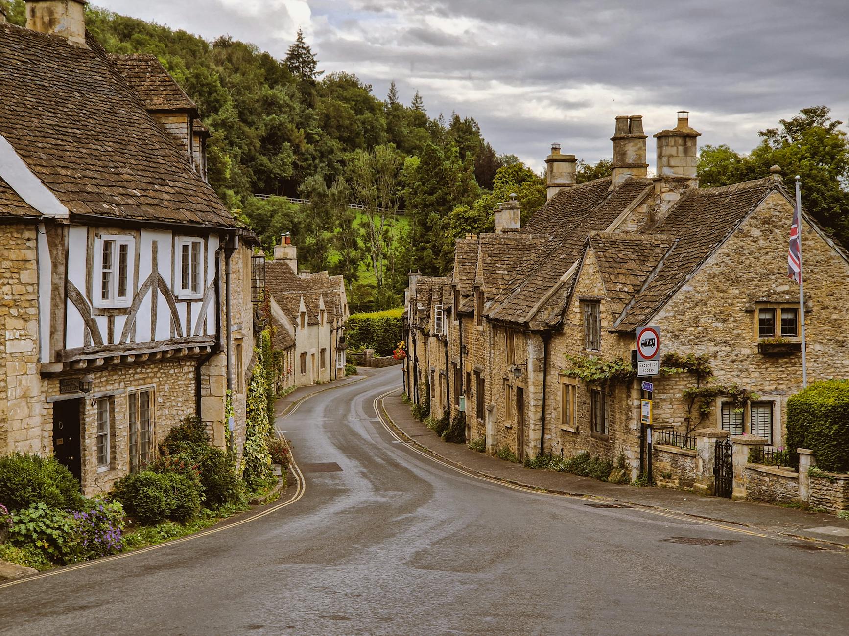Medieval stone buildings and street in Castle Combe Cotswolds