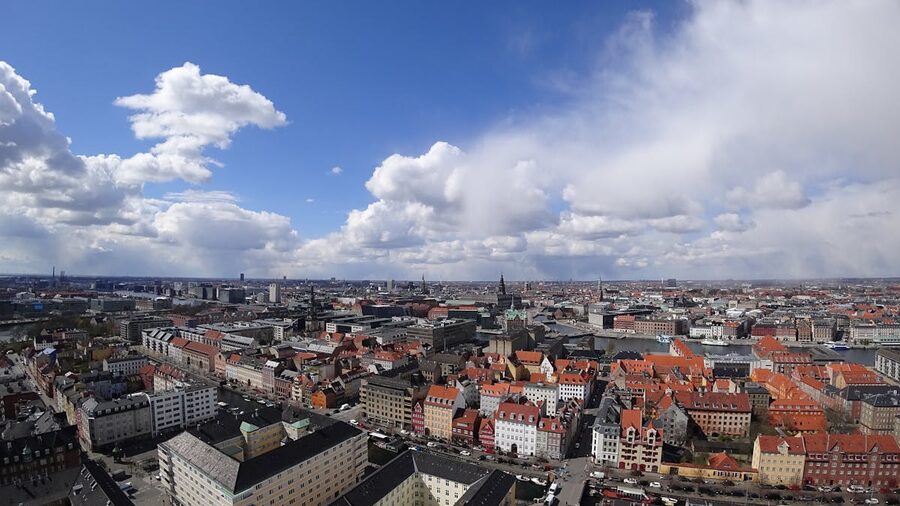 Aerial view of Copenhagen showing historic architecture and urban landscape