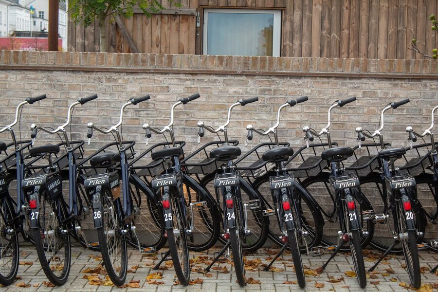 Multiple bicycles lined up on a Copenhagen street showing urban cycling culture