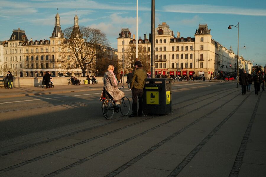 Bicyclist on a Copenhagen street during golden sunset