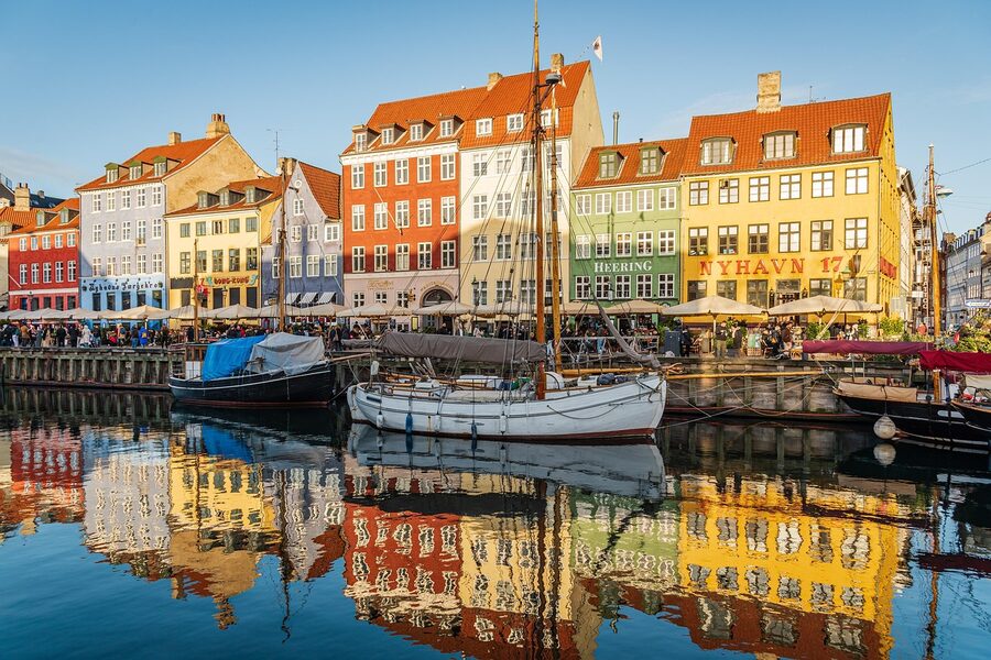 Copenhagen river with boats and canal view of the city