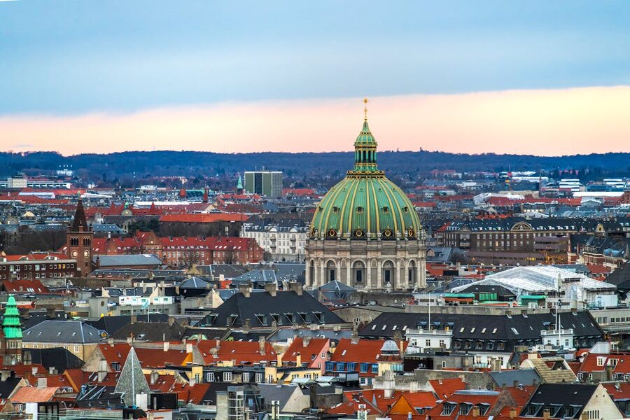 Aerial view of Frederiks Church and Copenhagen skyline at sunset