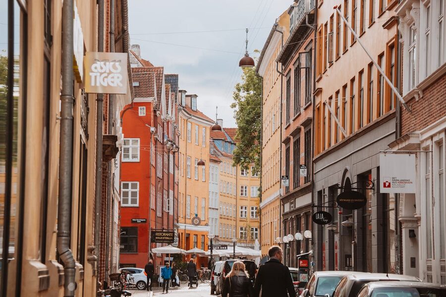 Colorful street in Copenhagen old town during summer with architecture