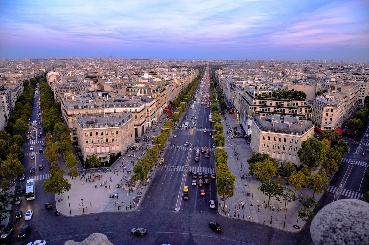 Aerial view of the Champs-Elysees leading to the Arc de Triomphe in Paris