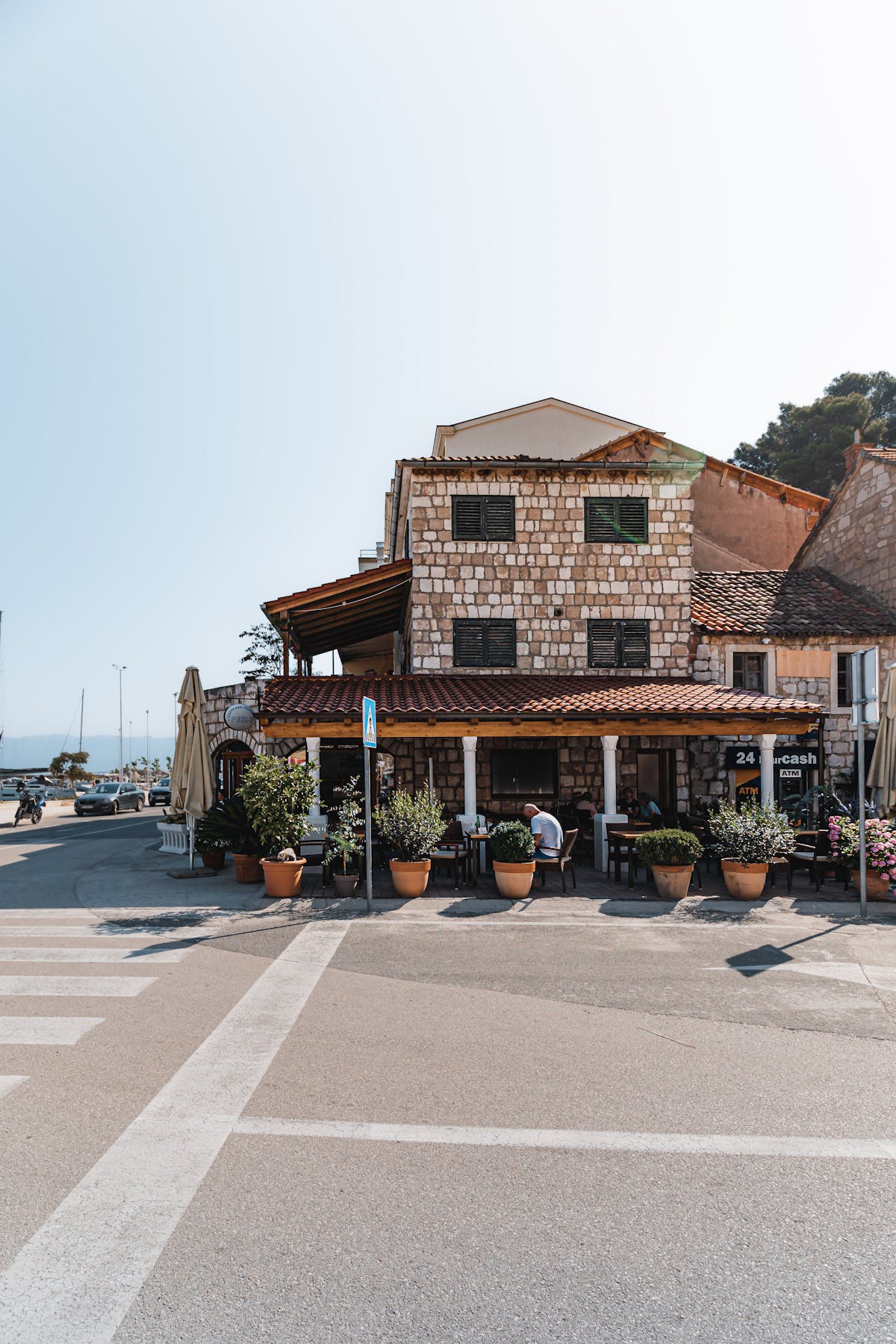 Stone facade of a restaurant by the sea in Korcula, Croatia