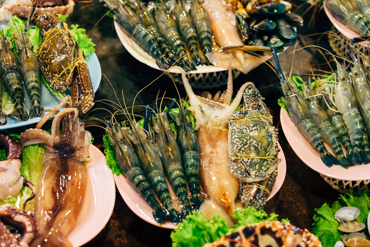 Assorted fresh seafood including prawns and shellfish on display at a market