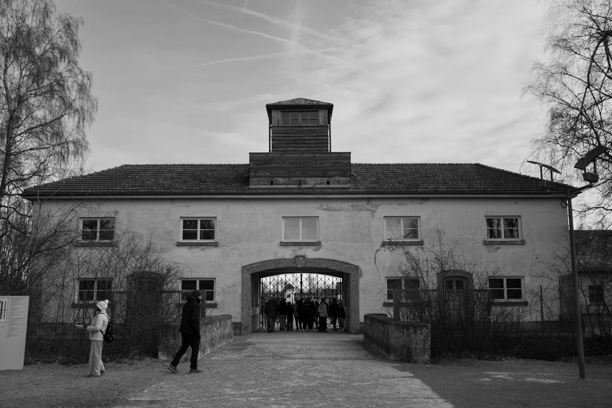 The entrance building at Dachau concentration camp memorial site