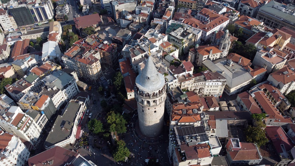 Aerial view of Galata Tower surrounded by Istanbul architecture