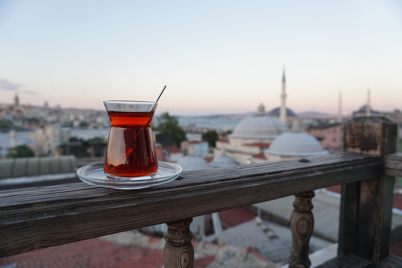 Turkish tea with Istanbul view in background
