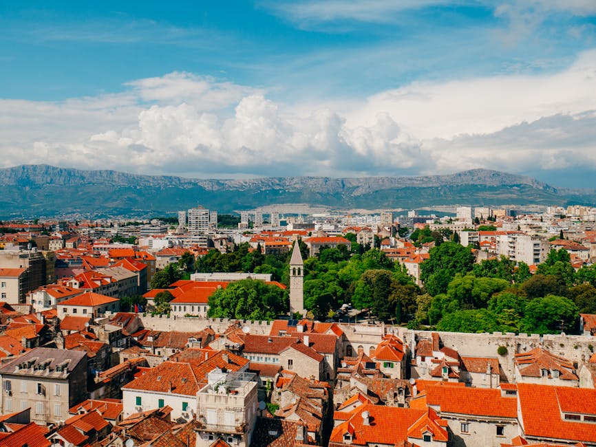 Aerial view of Split red rooftops and cathedral