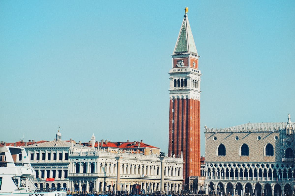 Doges Palace and St Marks Campanile viewed from the water in Venice