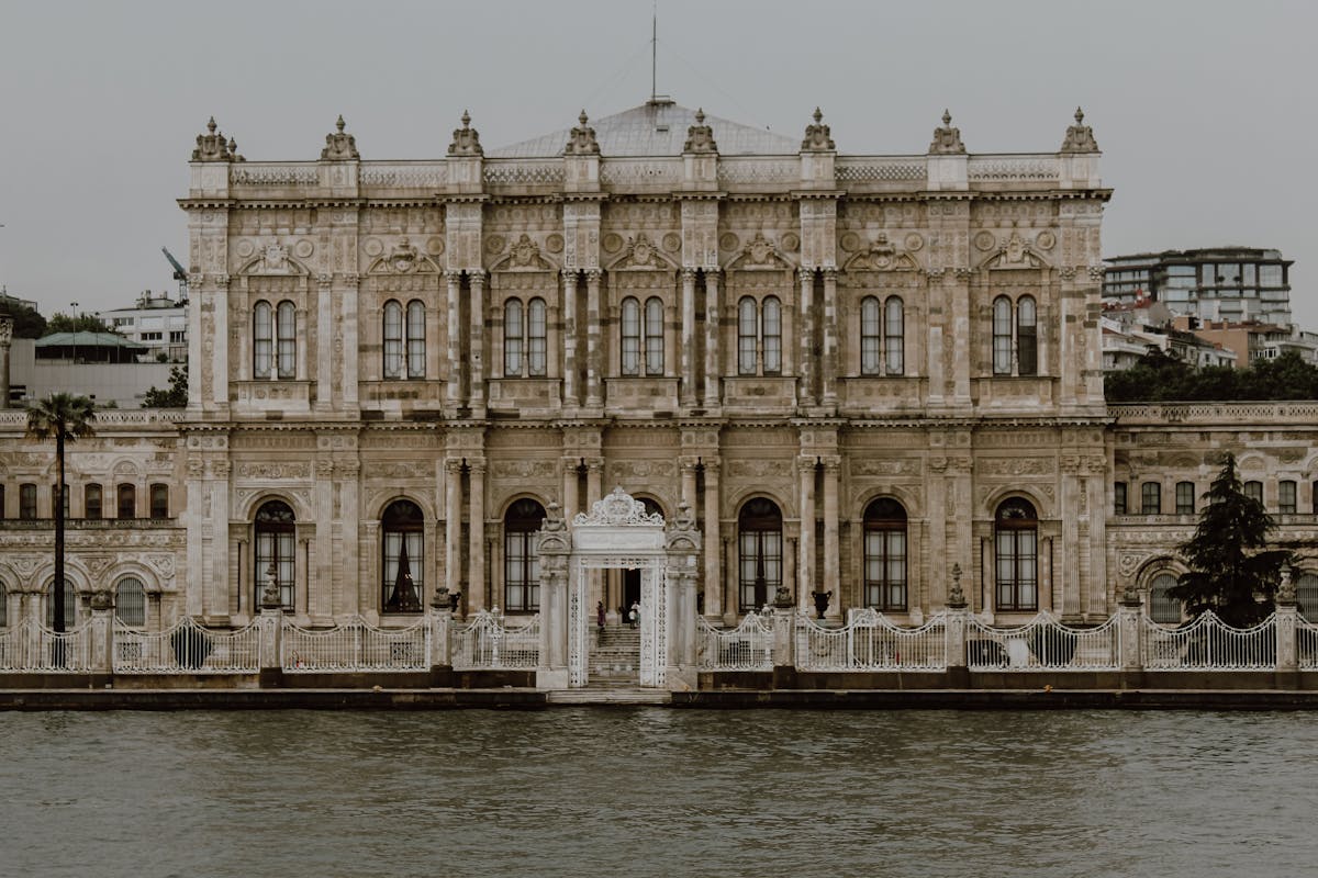 Full facade of Dolmabahce Palace viewed across the Bosphorus waters