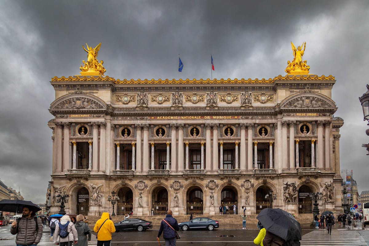 Palais Garnier in Paris under a dramatic sky showcasing its intricate design