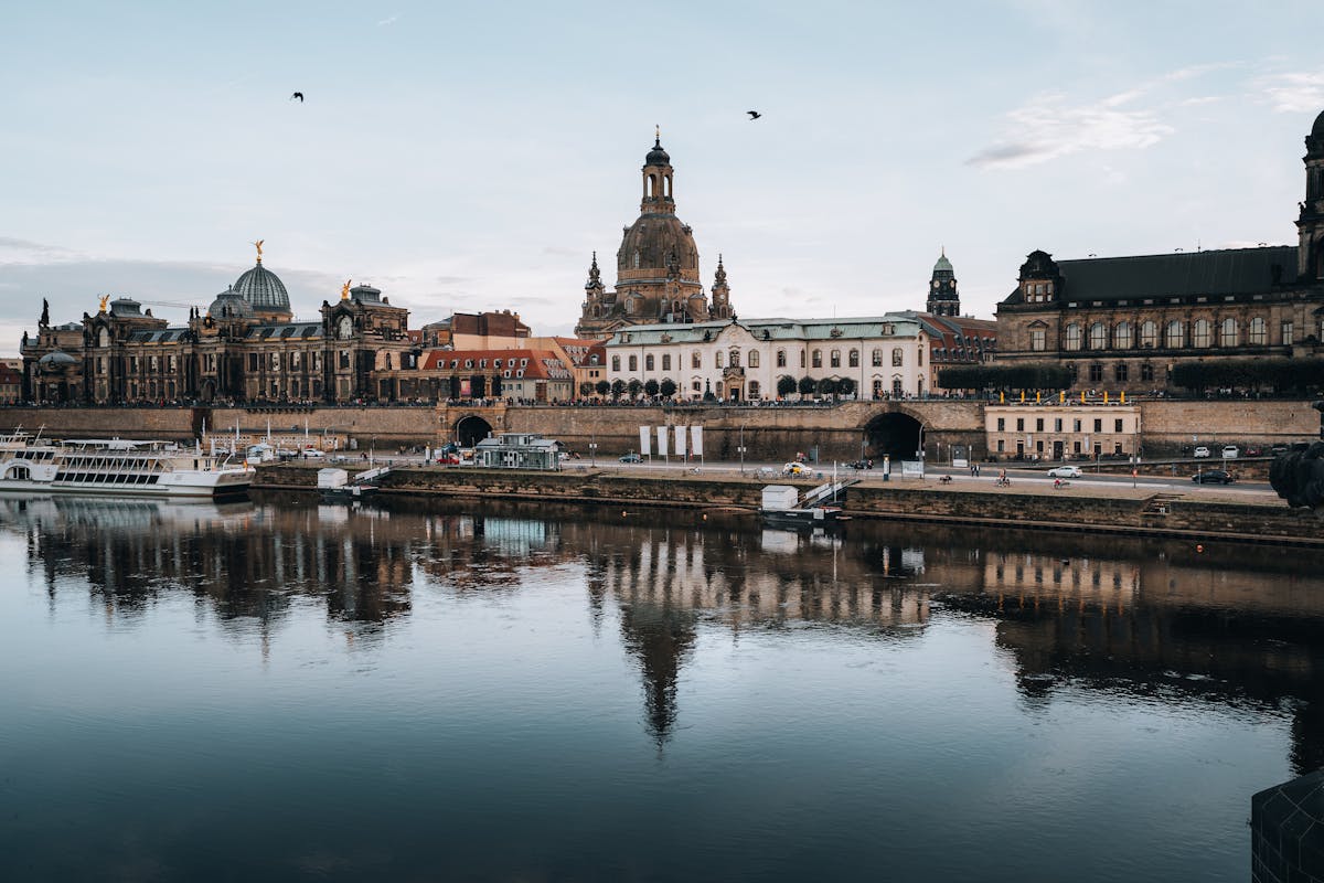 Dresden historic architecture along the Elbe River at dawn