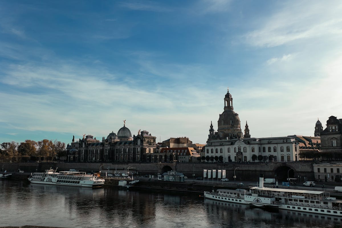 Beautiful skyline of Dresden along the Elbe River with evening lights