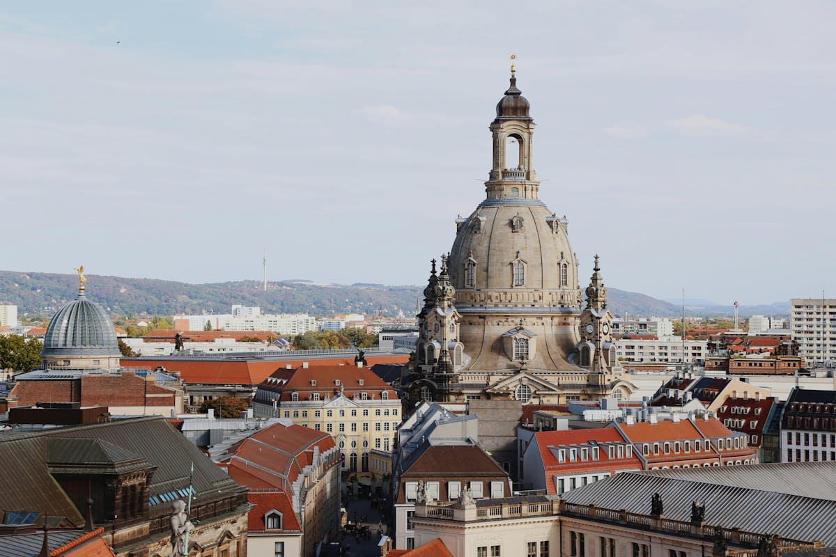 Aerial photograph of the rebuilt Frauenkirche dome and surrounding Dresden Old Town