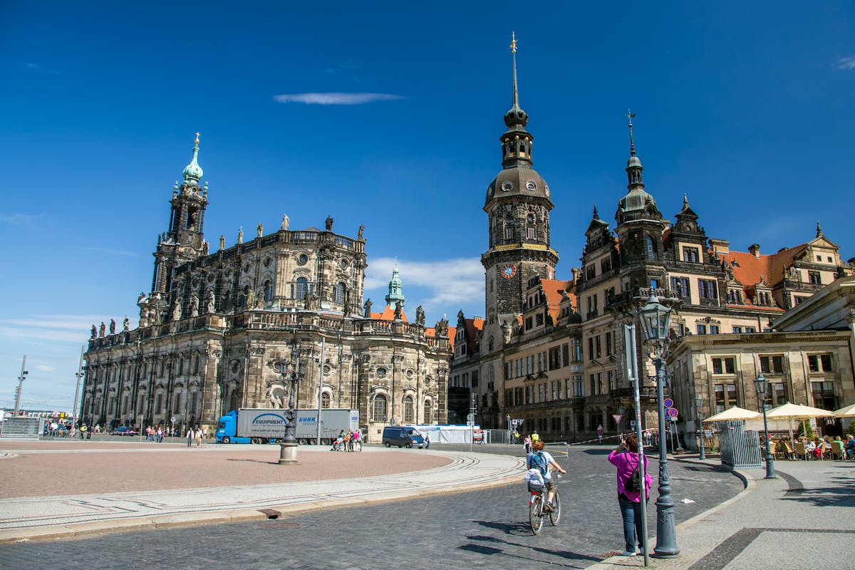 Dresden Cathedral Hofkirche with ornate Baroque architecture under a clear blue sky