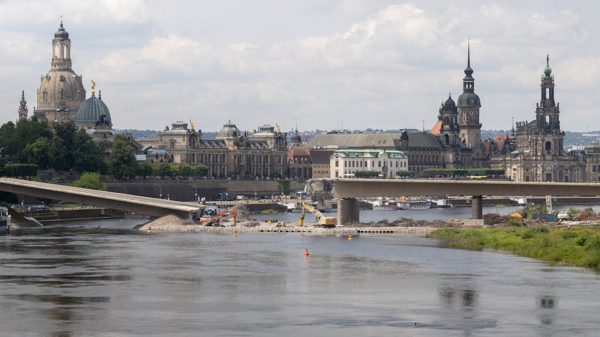 Historic Dresden skyline with cathedral spires from across the Elbe River