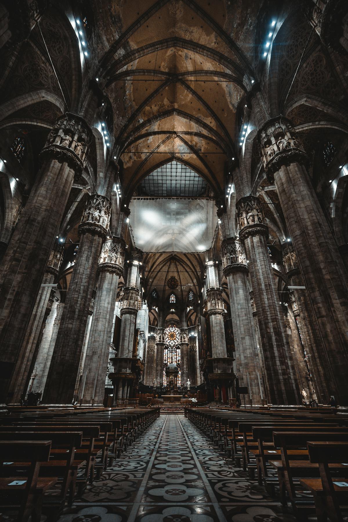 Vaulted ceiling and pillars inside Milan Cathedral