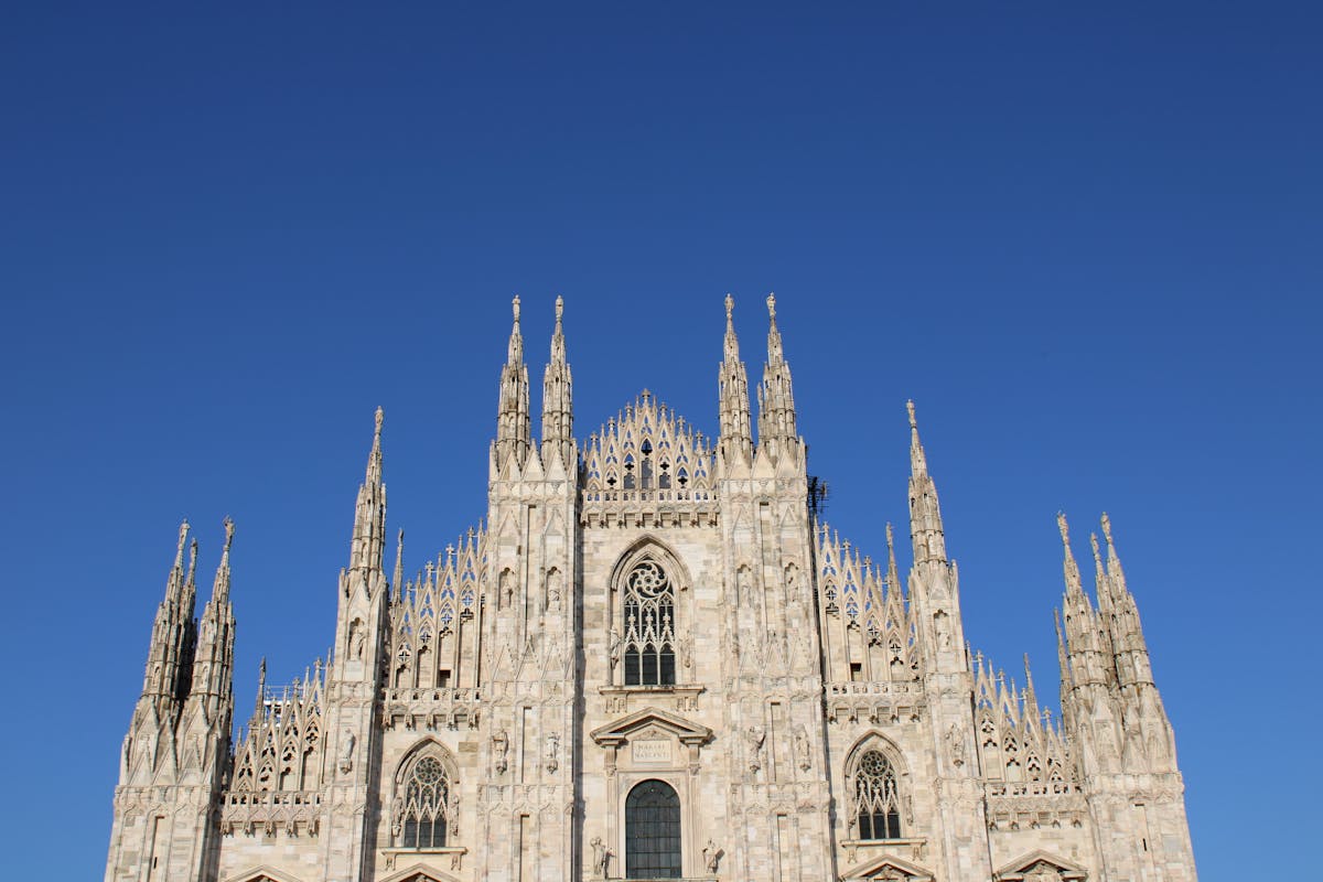 Panoramic cityscape of Milan seen from the Duomo rooftop terraces