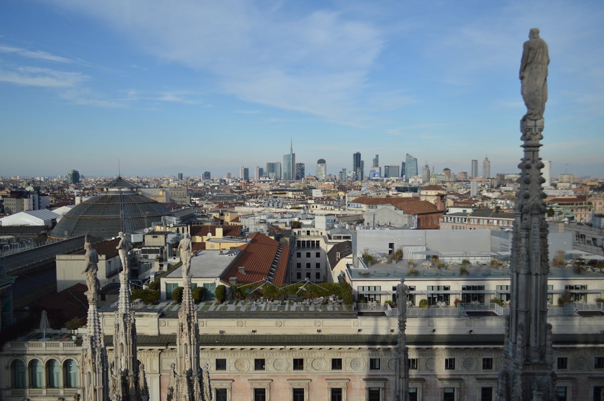 Gothic statues along the rooftop terraces of Milan Duomo