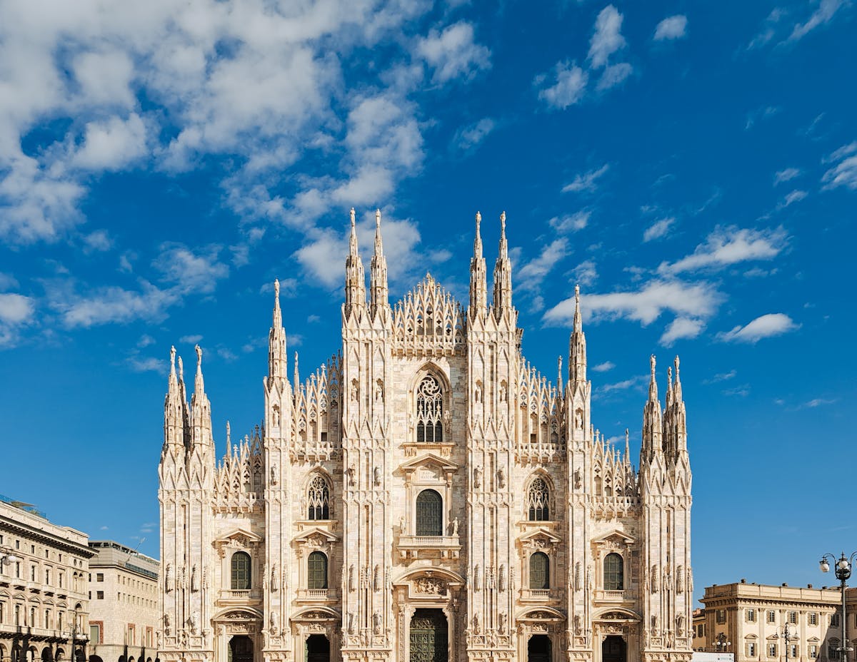 Wide angle view of Milan Cathedral and surrounding piazza