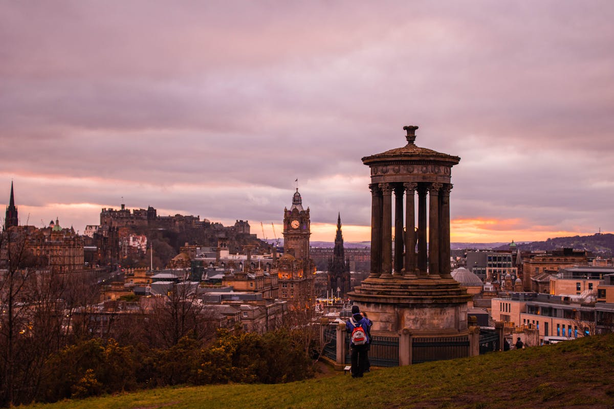 Edinburgh city skyline at sunset viewed from Calton Hill