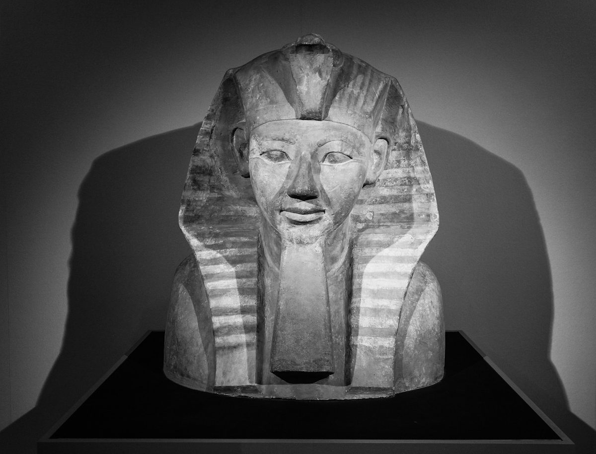 Ornate Egyptian sarcophagus in museum display