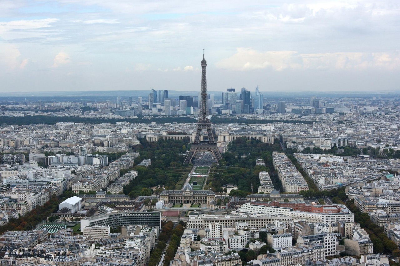 The Eiffel Tower photographed from the Montparnasse Tower observation deck with Paris spread out below