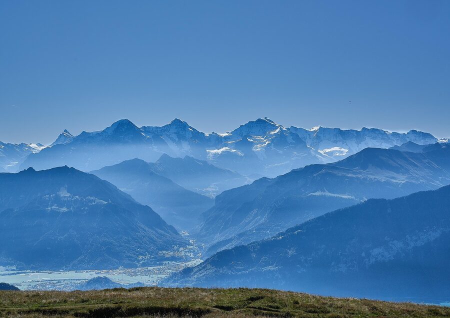 Panoramic view of the Eiger, Monch and Jungfrau mountain peaks in the Bernese Oberland