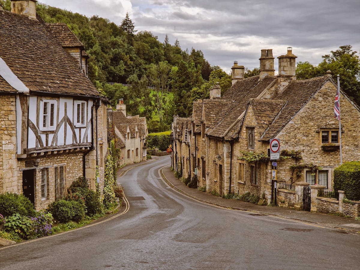 Stone cottages lining a picturesque English village street