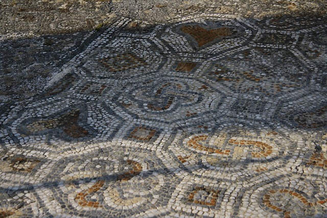 Ancient mosaic floor at Ephesus ruins showing geometric patterns