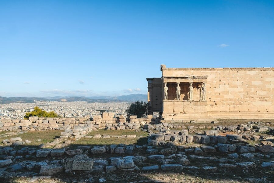 Erechtheion temple with Athens skyline