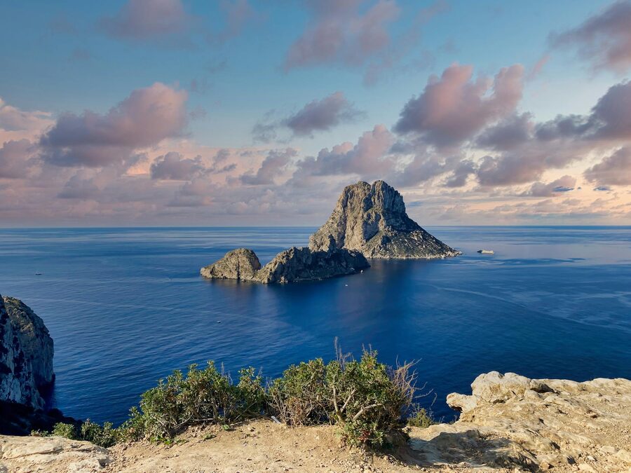 Es Vedra rocky island at sunset seen from Es Cubells coast Ibiza Spain
