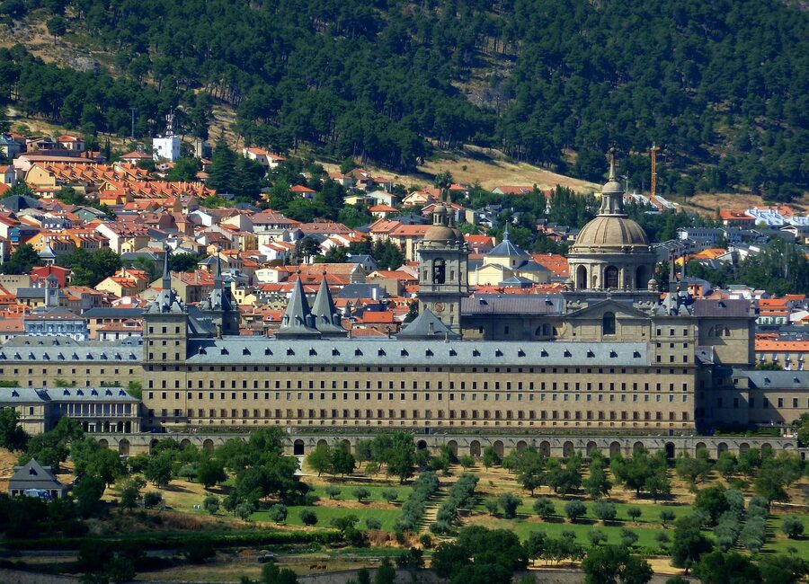 Panoramic view of El Escorial palace and monastery complex from a distance