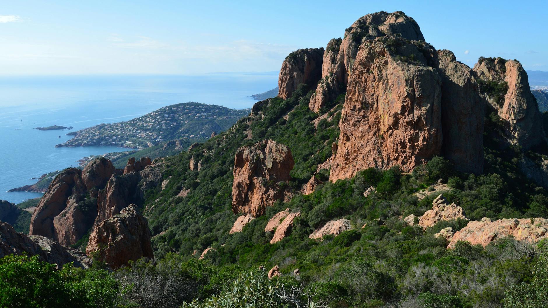 Rocky coastline near Saint-Raphael with clear Mediterranean water