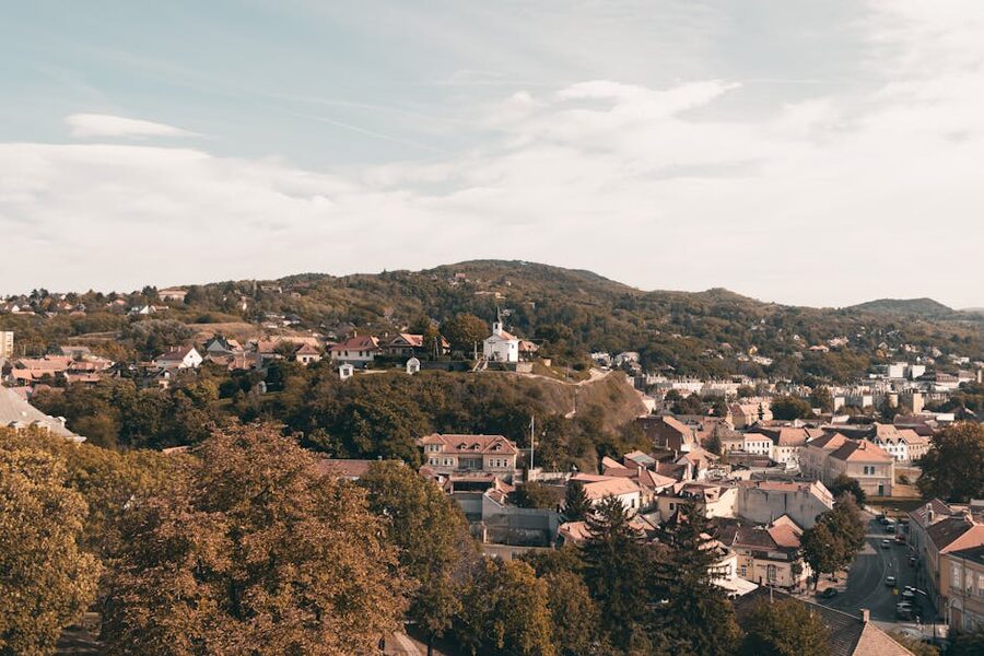 Aerial view of Esztergom in autumn with charming houses