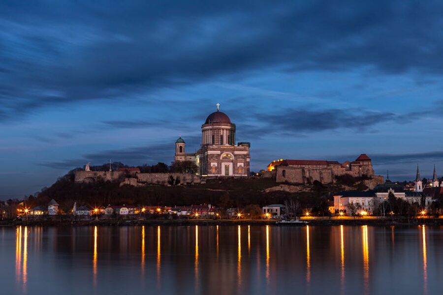 Esztergom Basilica at twilight reflecting on the Danube River