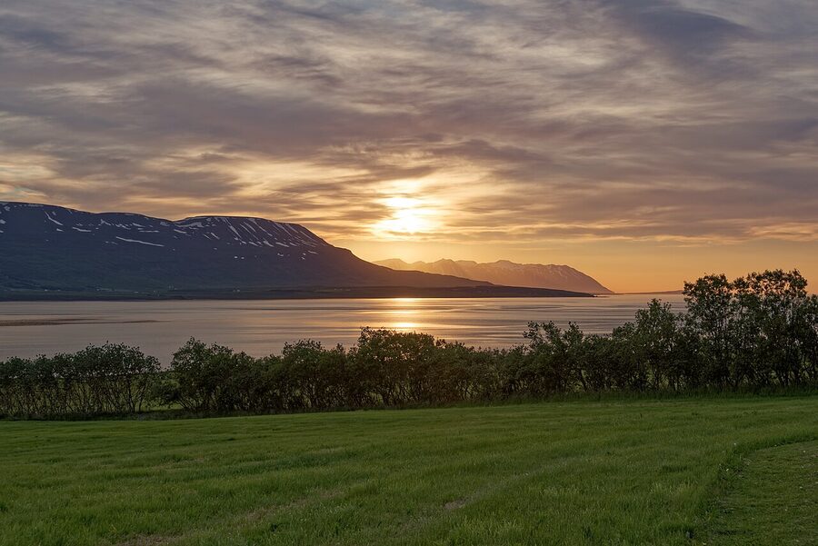 Sunset over Eyjafjordur fjord Akureyri Iceland